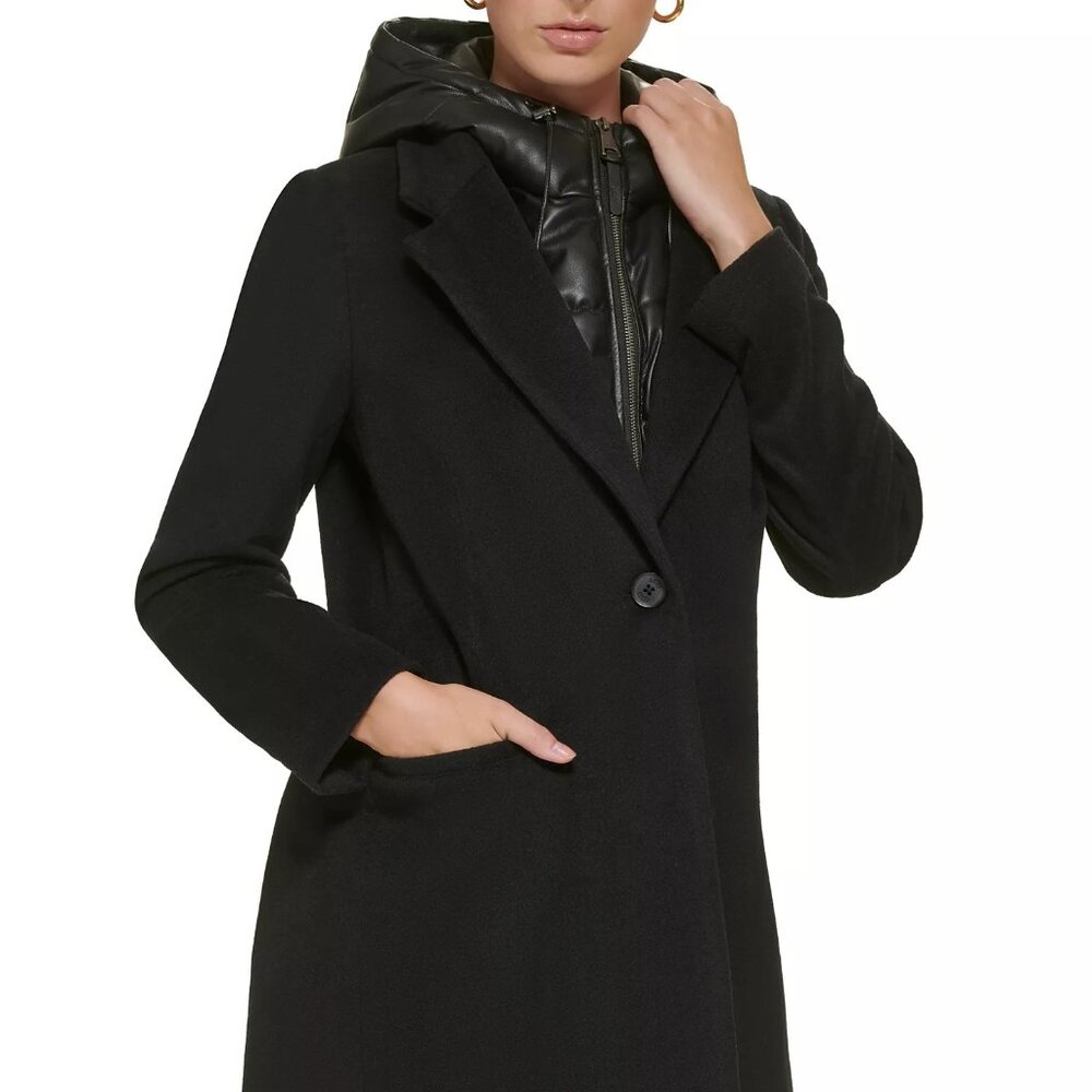 NWT DKNY Black Wool Faux Leather Hooded Bibbed Mixed-Media Blazer Coat XL